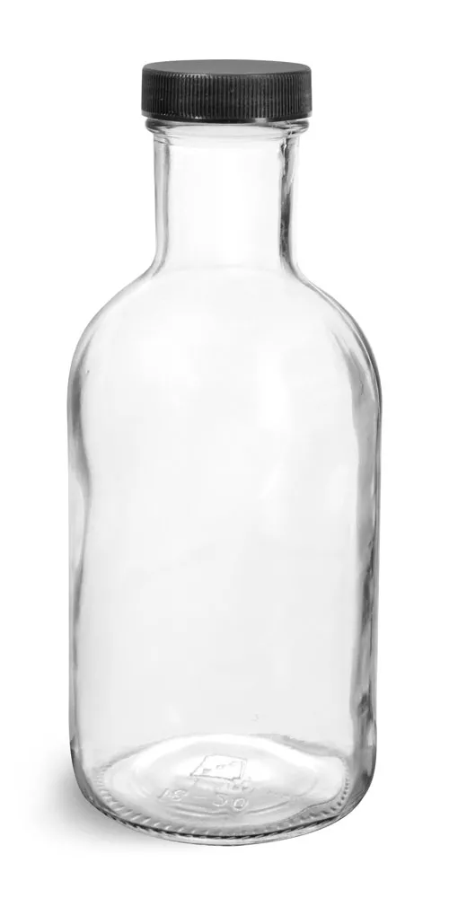 16 oz Glass Bottles, Clear Glass Stout Bottles w/ Black Ribbed Lined Caps