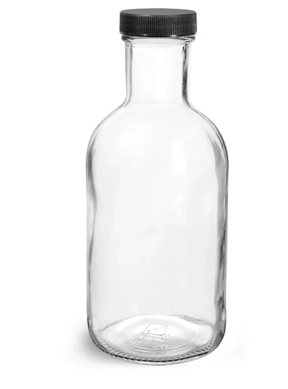 10 oz Clear Glass Beverage Bottles w/ Black Ribbed PE Lined Caps