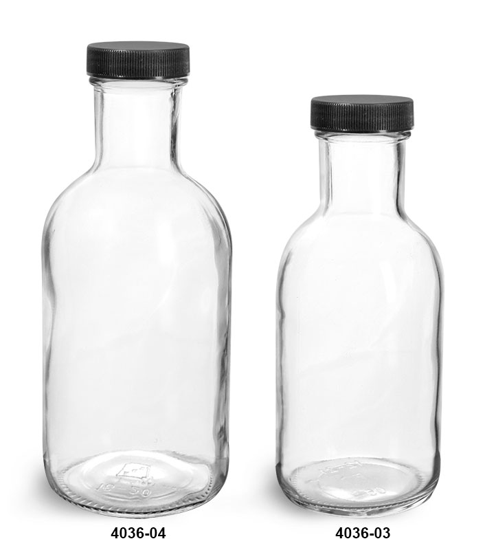 Glass Bottles, Clear Glass Stout Bottles w/ Black Induction Lined Caps