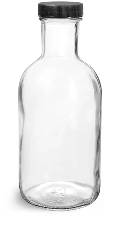 16 Ounce Glass Sauce Bottle - With 38mm White Gold Lids - Case of 12