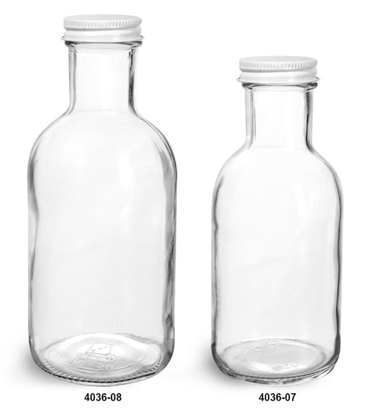Glass Bottles, Clear Glass Stout Bottles w/ White Metal Caps
