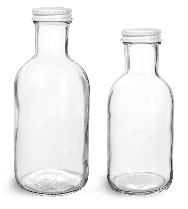 Glass Bottles, Clear Glass Stout Bottles w/ White Metal Caps