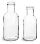 Glass Bottles, Clear Glass Stout Bottles w/ White Metal Caps
