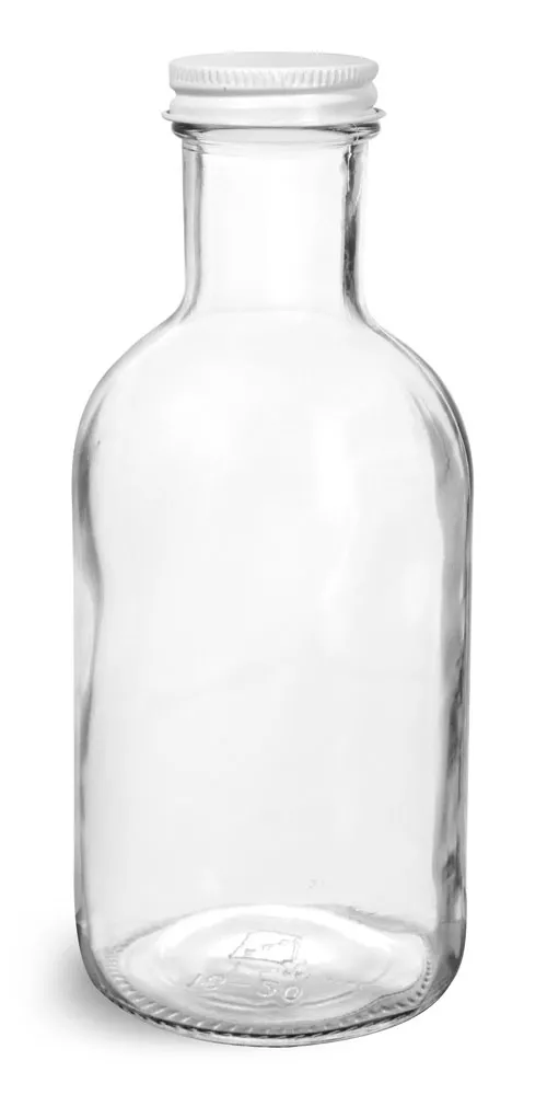 16 oz Glass Bottles, Clear Glass Stout Bottles w/ White Metal Caps