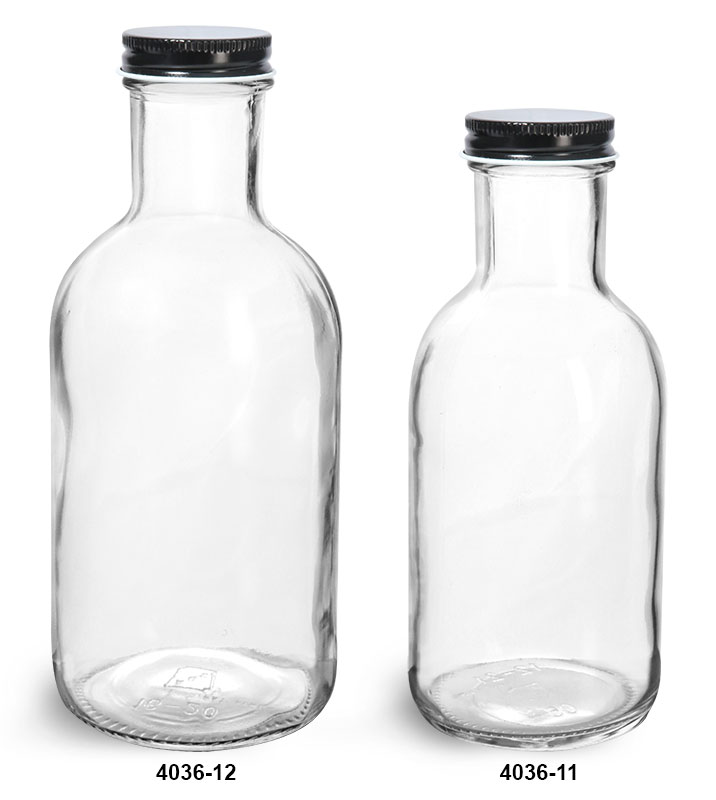 Glass Bottles, Clear Glass Stout Bottles w/ Black Metal Plastisol Lined Caps