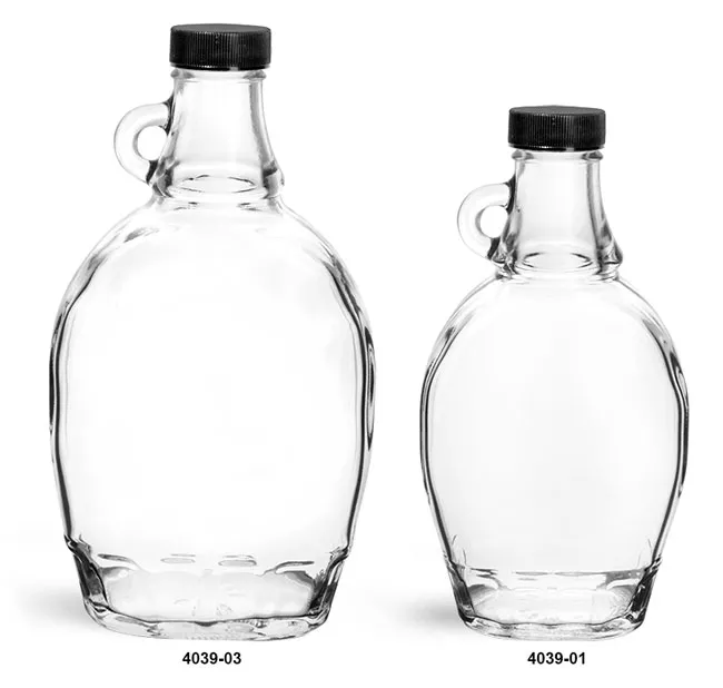 8 oz Clear Glass Syrup Bottles w/ White Metal Plastisol Lined Caps