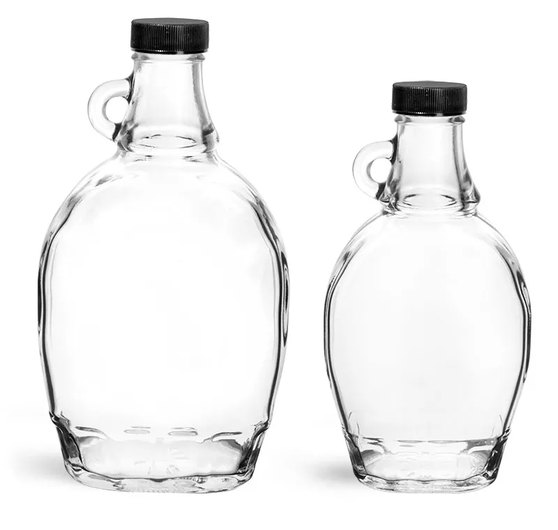 Glass Bottles, Clear Glass Syrup Bottles w/ Black Ribbed PE Lined Caps
