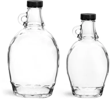 Clear Glass Vinegar Style Round Bottles w/ Black Ribbed Lined Caps