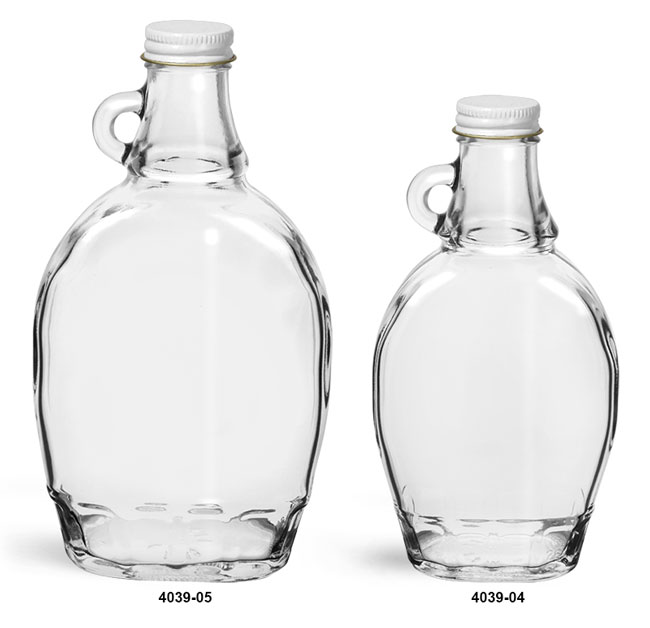 Glass Bottles, Clear Glass Syrup Bottles w/ White Metal Plastisol Lined Caps