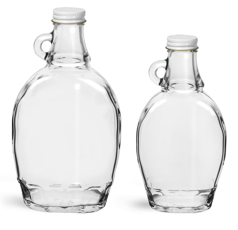12 oz Glass Bottles, Clear Glass Syrup Bottles w/ White Metal Plastisol Lined Caps
