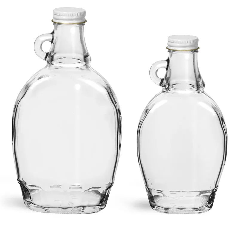 Glass Bottles, Clear Glass Syrup Bottles w/ White Metal Plastisol Lined Caps