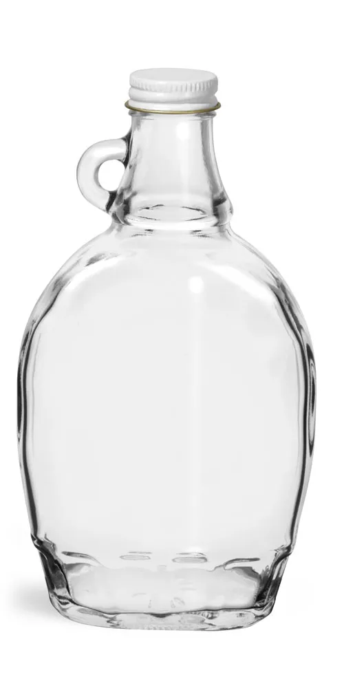 8 oz Clear Glass Syrup Bottles w/ White Metal Plastisol Lined Caps
