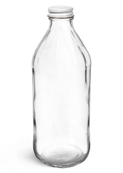 Clear Glass Vinegar Style Round Bottles w/ White Metal Caps