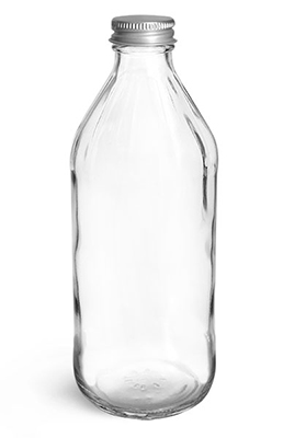 Glass Bottles, Clear Glass Vinegar Style Round Bottles w/ Lined Aluminum Caps