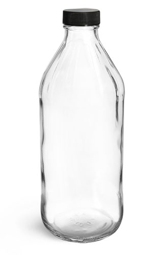 Glass Bottles, Clear Glass Vinegar Style Round Bottles w/ Black Ribbed Lined Caps