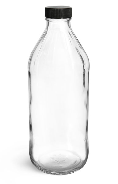 Glass Bottles, Clear Glass Vinegar Style Round Bottles w/ Black Ribbed Lined Caps