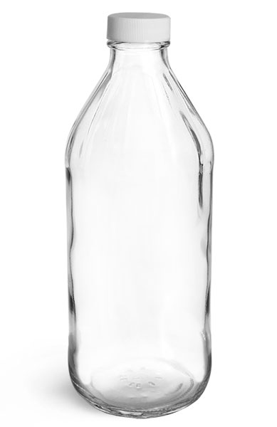 Glass Bottles, Clear Glass Vinegar Style Round Bottles w/ White Ribbed Lined Caps