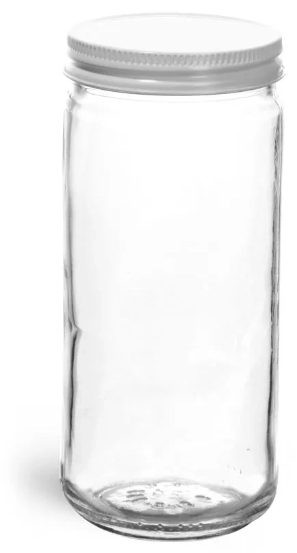 8 oz Clear Glass Paragon Jars w/ White Metal Foil Lined Caps