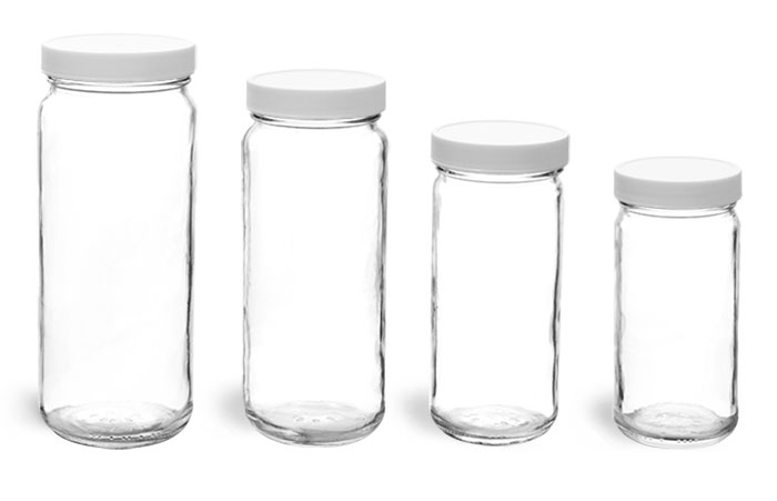 Clear Glass Paragon Jars w/ White Plastic Teflon Faced Lined Caps