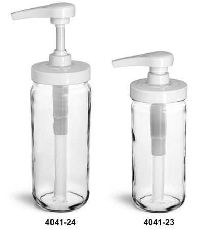 Clear Glass Jars, Clear Glass Paragon Jars w/ White Polypro Pumps