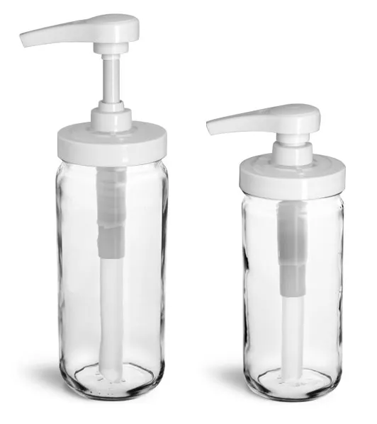 Clear Glass Jars, Clear Glass Paragon Jars w/ White Polypro Pumps
