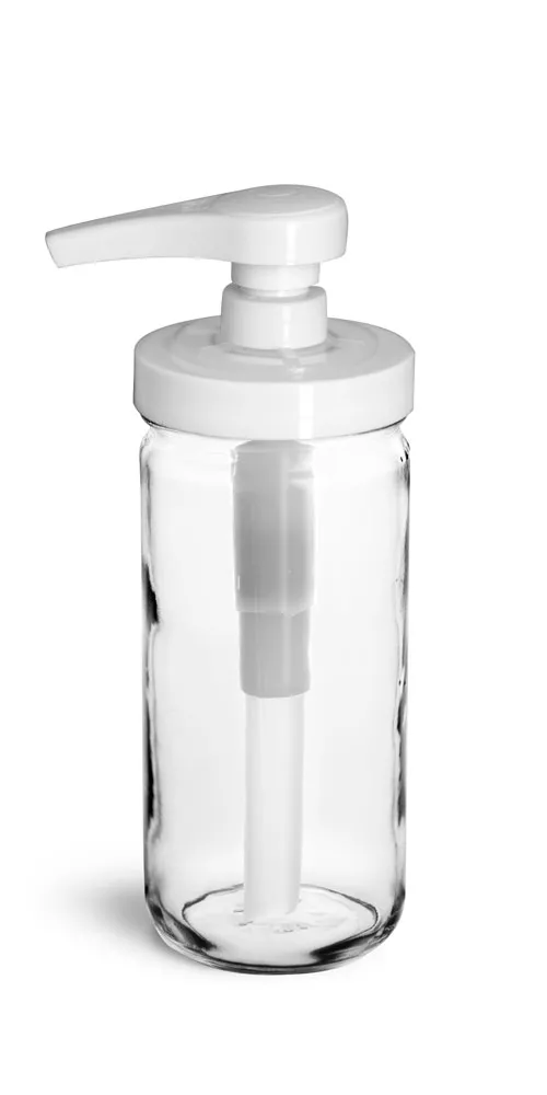 8 oz Glass Jars, Clear Glass Paragon Jars w/ White Polypro Pumps