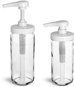 Clear Clear Glass Paragon Jars w/ White Polypropylene Pumps 