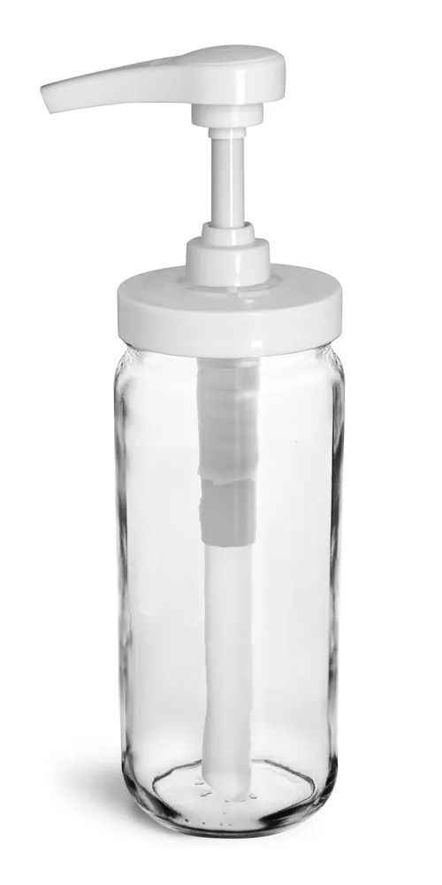 12 oz  Glass Jars, Clear Glass Paragon Jars w/ White Polypro Pumps