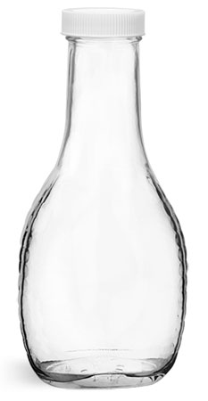 Glass Bottles, Clear Glass Salad Dressing Bottles w/ Ribbed White Lined Caps