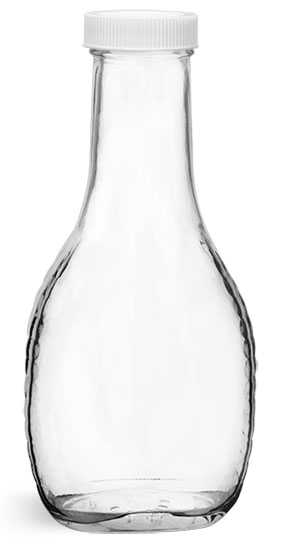 Glass Bottles, Clear Glass Salad Dressing Bottles w/ Ribbed White Lined Caps