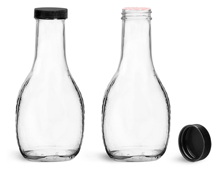 Clear Glass Salad Dressing Bottles w/ Black Induction Lined Caps