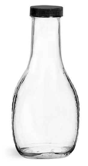 Glass Bottles, Clear Glass Salad Dressing Bottles w/ Ribbed Black Lined Caps