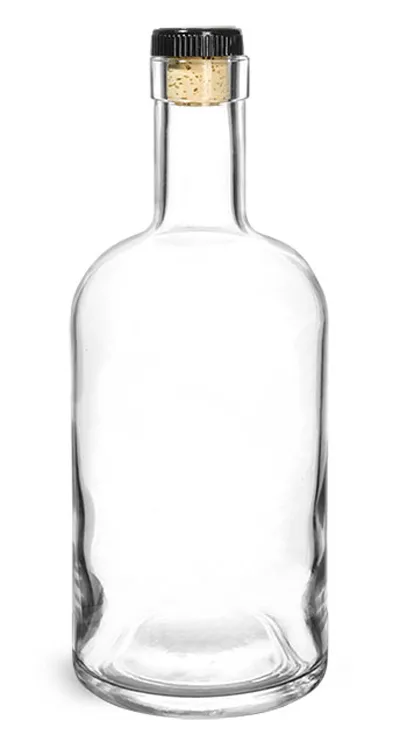 Glass Bottles, Clear Glass Bar Top Bottle w/ Black Ribbed Bar Top Natural Corks
