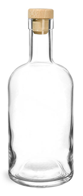 Glass Bottles, Clear Glass Bar Top Bottles w/ Round Wood Bar Top Colmated Corks