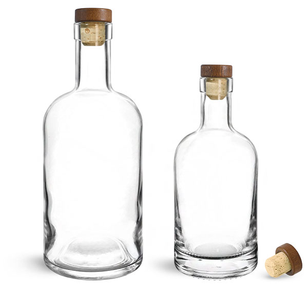 750 ml Glass Bottles, Clear Glass Bar Top Bottles w/ Stained Wood Bar Tops & Natural Corks