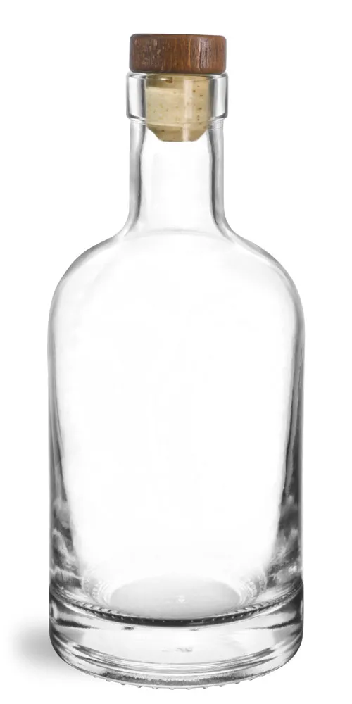 375 ml Glass Bottles, Clear Glass Bar Top Bottles w/ Stained Wood Bar Tops & Natural Corks