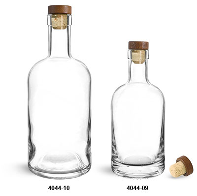 Glass Bottles, Clear Glass Bar Top Bottles w/ Stained Wood Bar Tops & Natural Corks