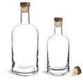 Glass Bottles, Clear Glass Bar Top Bottles w/ Stained Wood Bar Tops & Natural Corks