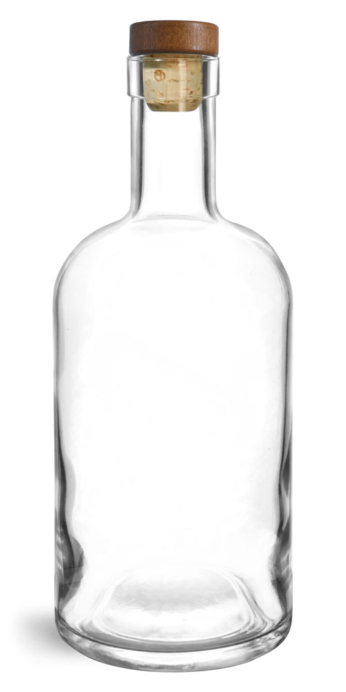 SKS Bottle & Packaging 750 ml Glass Bottles, Clear Glass Bar Top Bottles w/ Stained Wood Bar