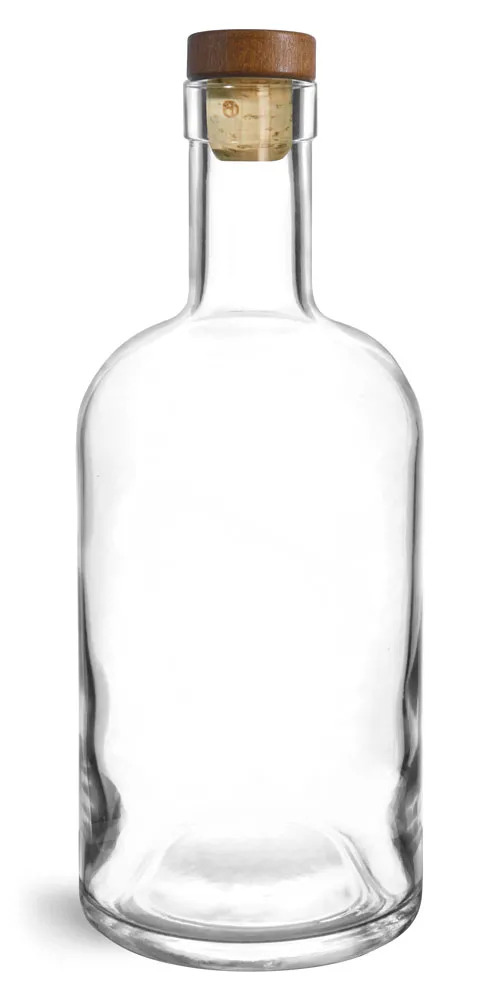 750 ml Glass Bottles, Clear Glass Bar Top Bottles w/ Stained Wood Bar Tops & Natural Corks