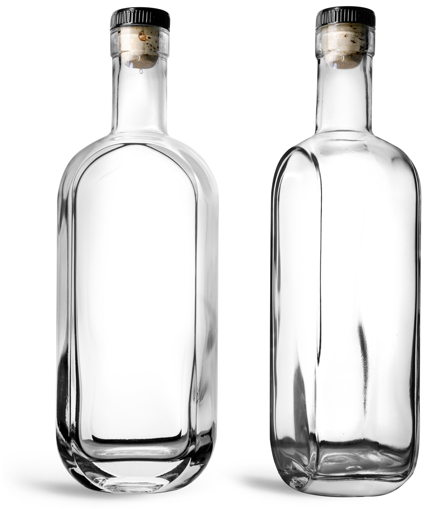 SKS Bottle & Packaging 750 ml Clear Glass London Bar Top Bottles w/ Black Ribbed Bar Tops