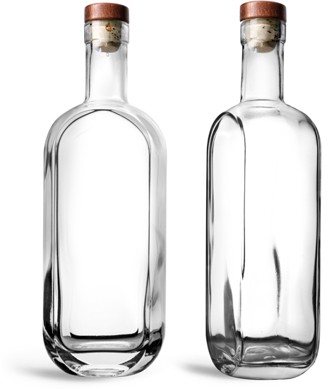 Glass Bottles, 750 ml Clear Glass London Bar Top Bottles w/ Stained Wood Bar Tops & Natural Corks