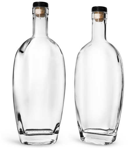 Glass Bottles, Clear Glass Westside Bar Top Bottles w/ Black Ribbed Bar Tops & Natural Corks