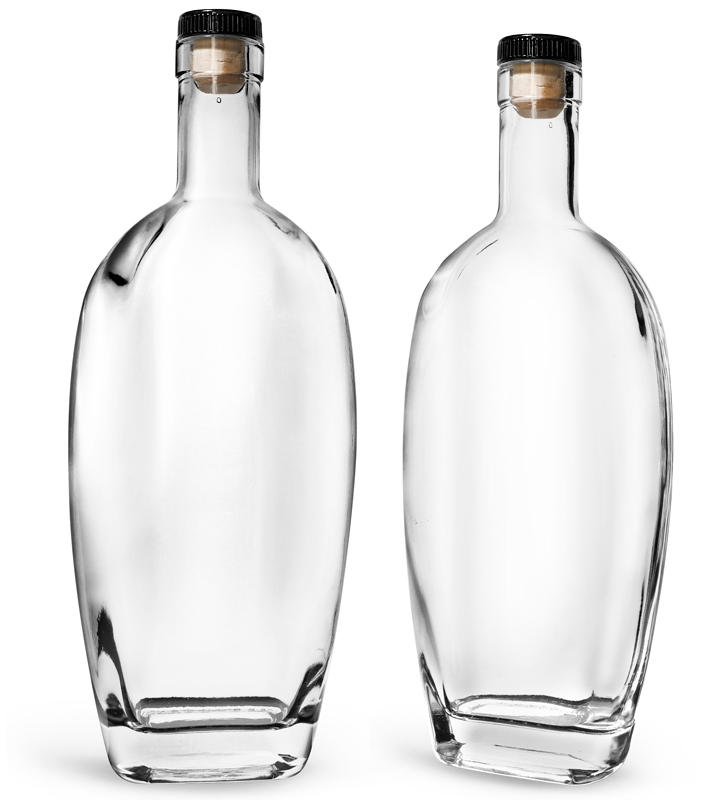 Clear Glass Westside Bar Top Bottles w/ Black Ribbed Bar Tops & Natural Corks