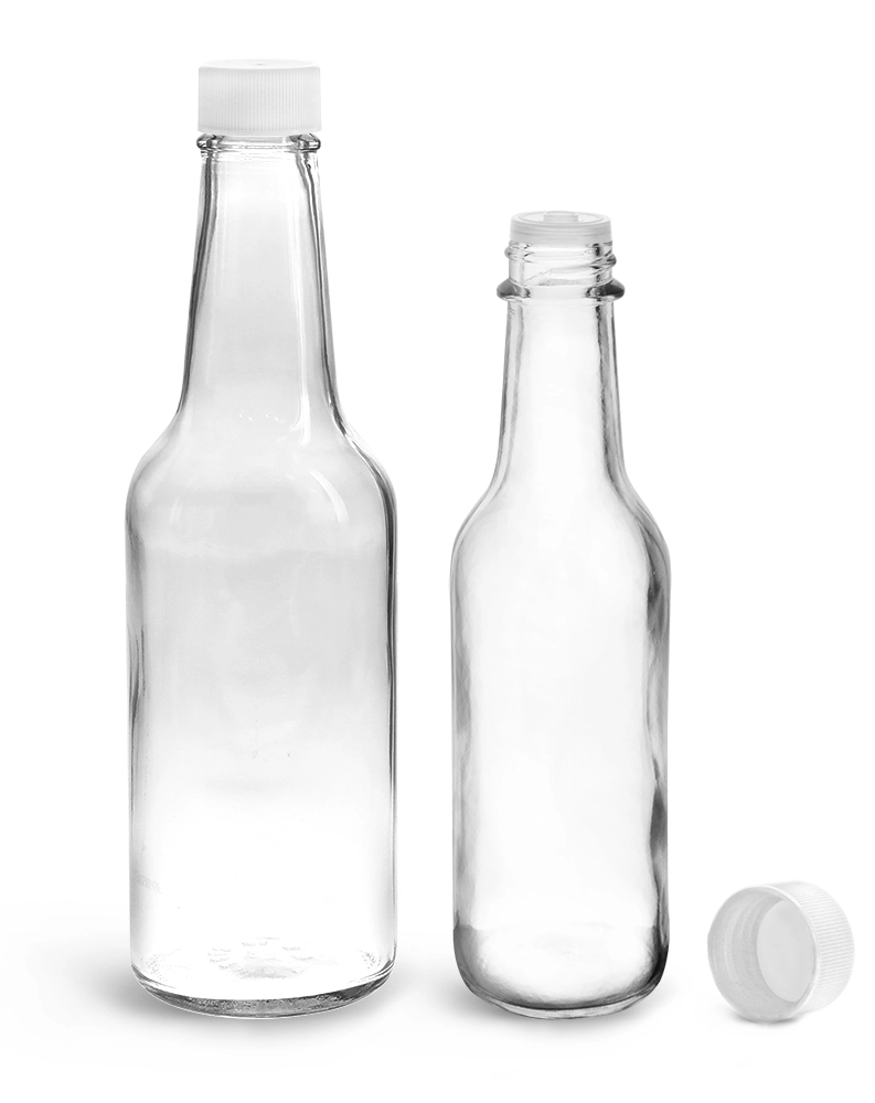 Glass Bottles, Clear Glass Woozy Bottles w/ White Ribbed Lined Caps & Orifice Reducers