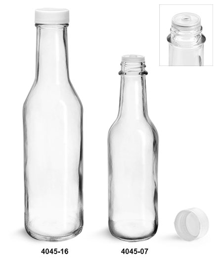 Glass Bottles, Clear Glass Woozy Bottles w/ White Ribbed Lined Caps & Orifice Reducers