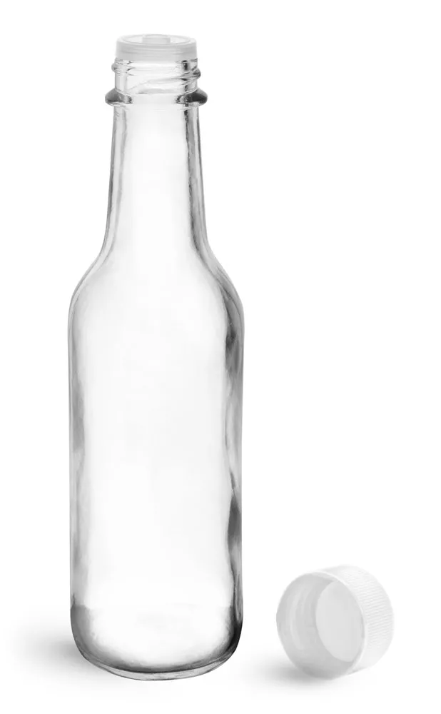 5 oz Clear Glass Sauce Bottles w/ White Ribbed Lined Caps & Orifice Reducers
