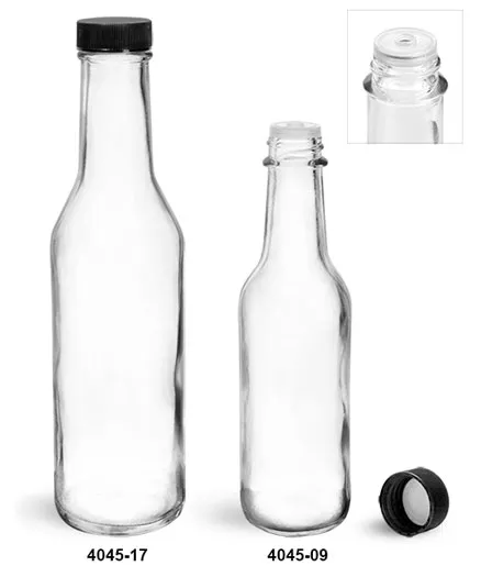 Clear Glass Vinegar Style Round Bottles w/ Black Ribbed Lined Caps