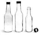 Glass Bottles, Clear Glass Woozy Bottles w/ Black Ribbed Lined Caps & Orifice Reducers
