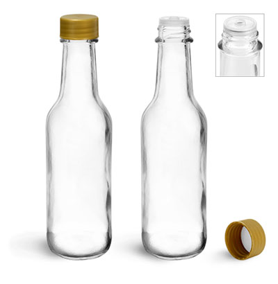 Glass Bottles, Clear Glass Woozy Bottles w/ Gold Ribbed Lined Caps & Orifice Reducers